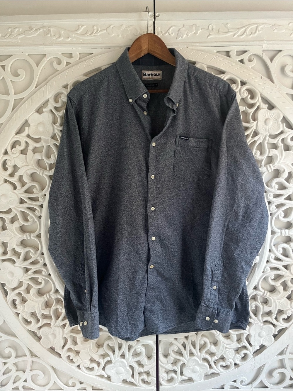 Barbour Men’s Tailored Fit Button Down Shirt Grey Plaid Trim Size L